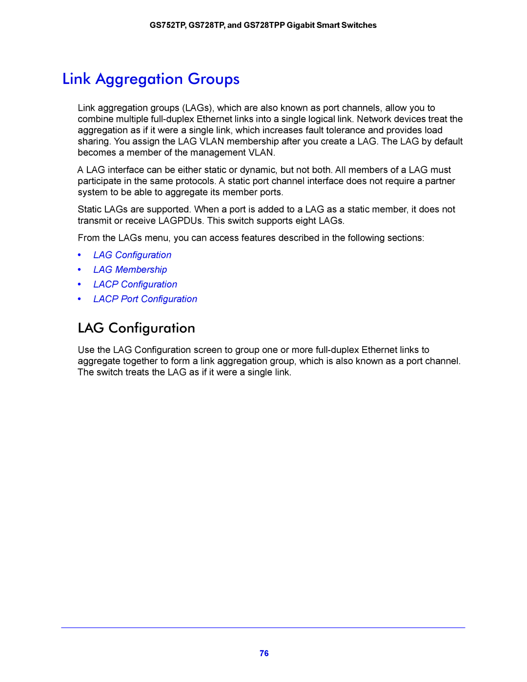 NETGEAR GS728TPP, GS752TP manual Link Aggregation Groups, LAG Configuration 