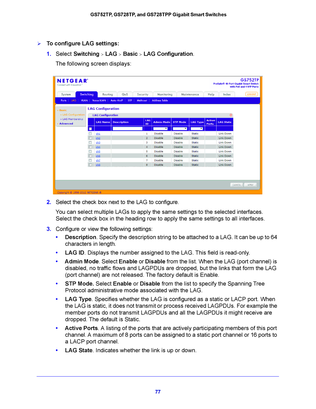 NETGEAR GS752TP, GS728TPP manual  To configure LAG settings 