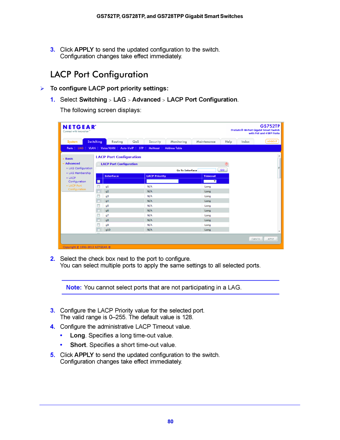 NETGEAR GS752TP, GS728TPP manual Lacp Port Configuration,  To configure Lacp port priority settings 