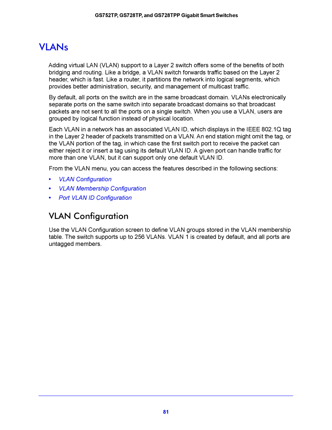 NETGEAR GS752TP, GS728TPP manual VLANs, Vlan Configuration 