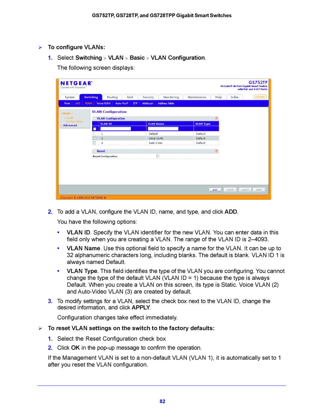 NETGEAR GS728TPP, GS752TP manual  To configure VLANs 