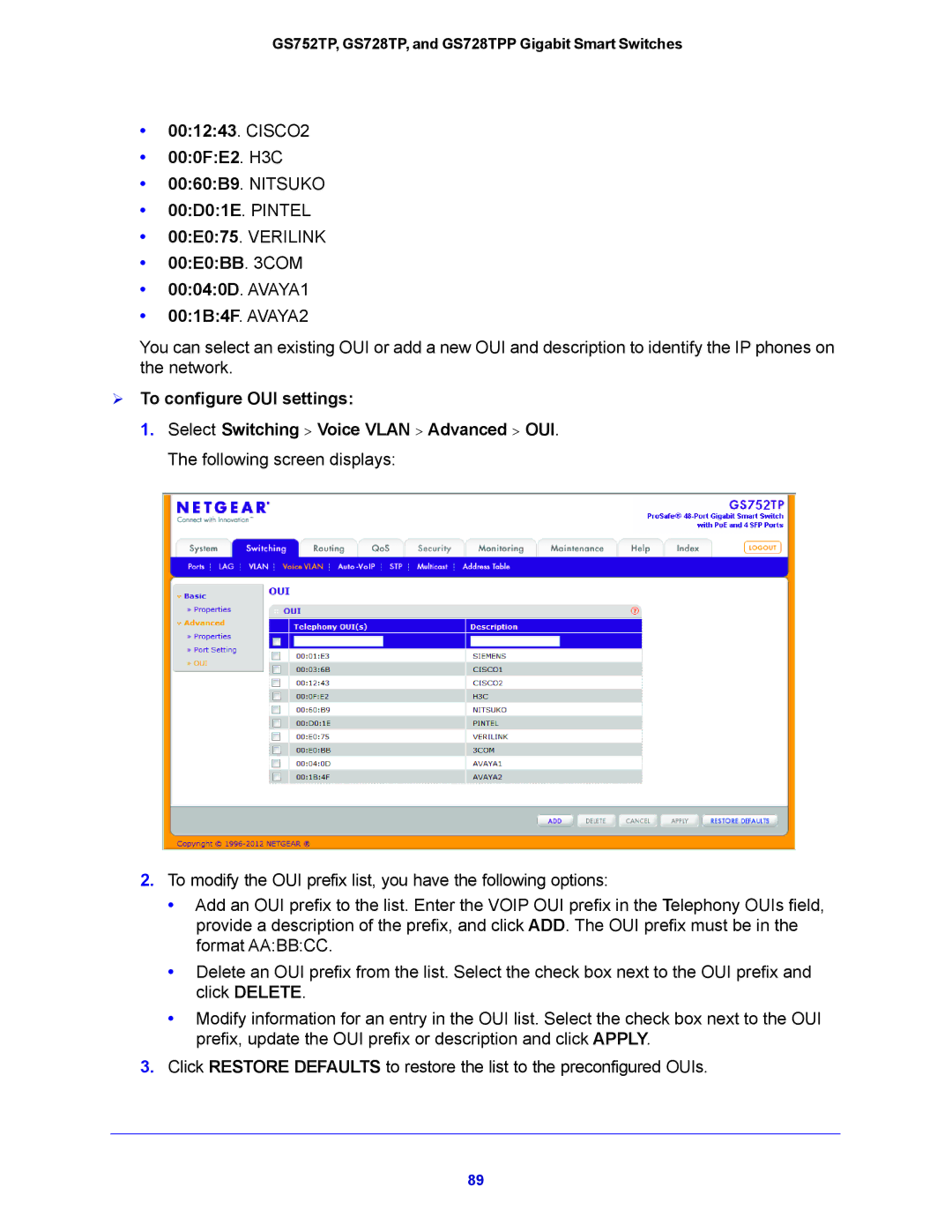 NETGEAR GS728TP CISCO2 000FE2. H3C, 00D01E. Pintel, 00E0BB COM 00040D. AVAYA1 001B4F. AVAYA2,  To configure OUI settings 