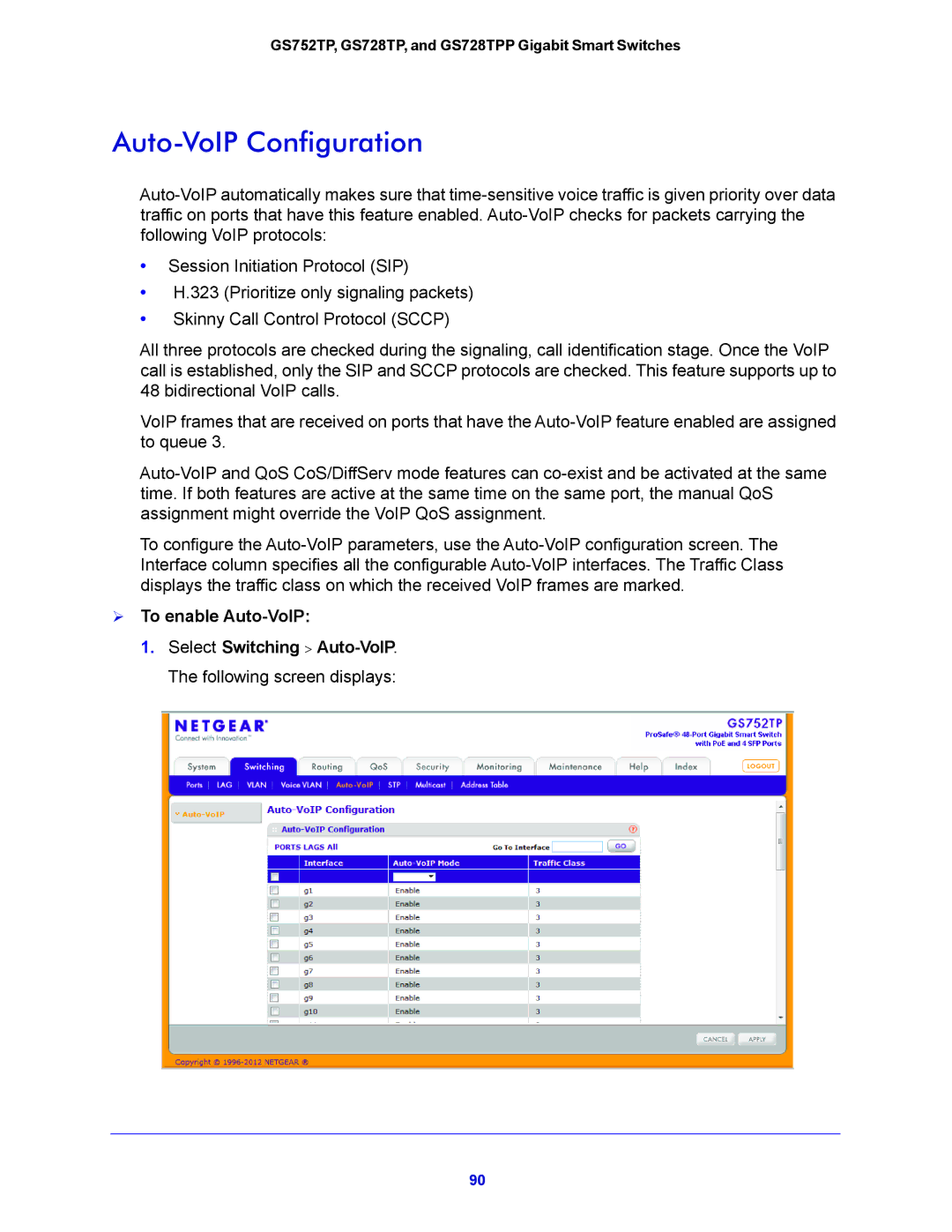 NETGEAR GS752TP, GS728TPP manual Auto-VoIP Configuration,  To enable Auto-VoIP 