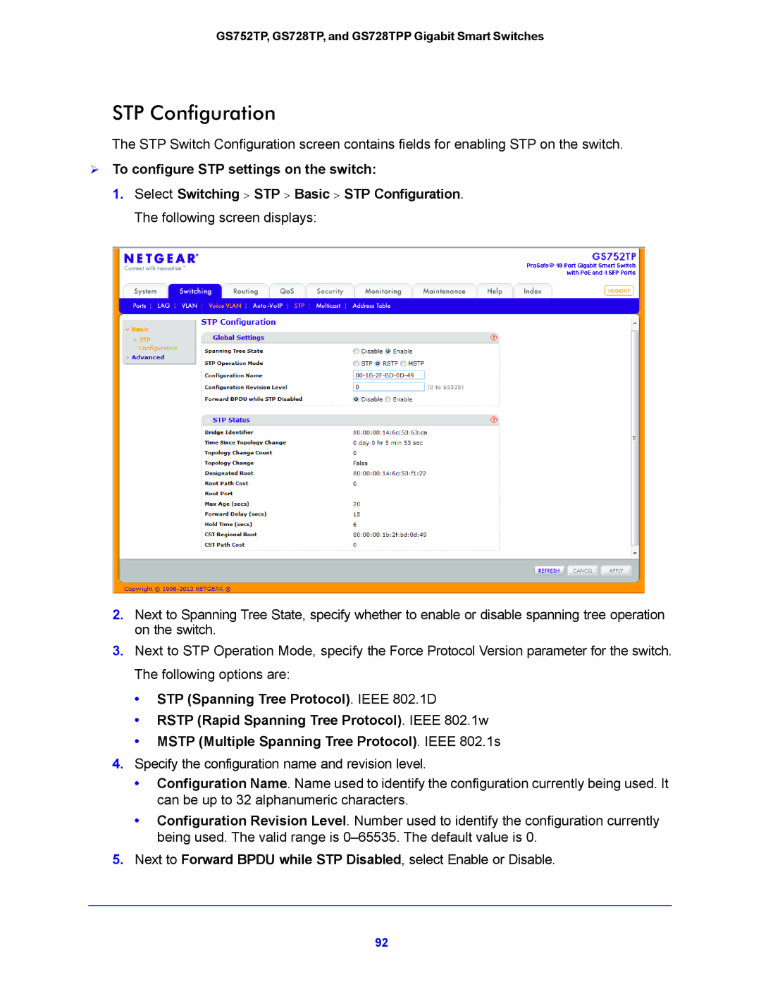 NETGEAR GS752TP, GS728TPP manual STP Configuration,  To configure STP settings on the switch 