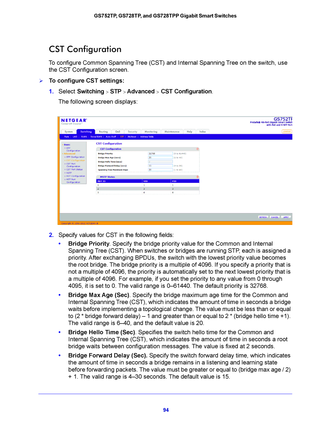 NETGEAR GS728TPP, GS752TP manual CST Configuration,  To configure CST settings 