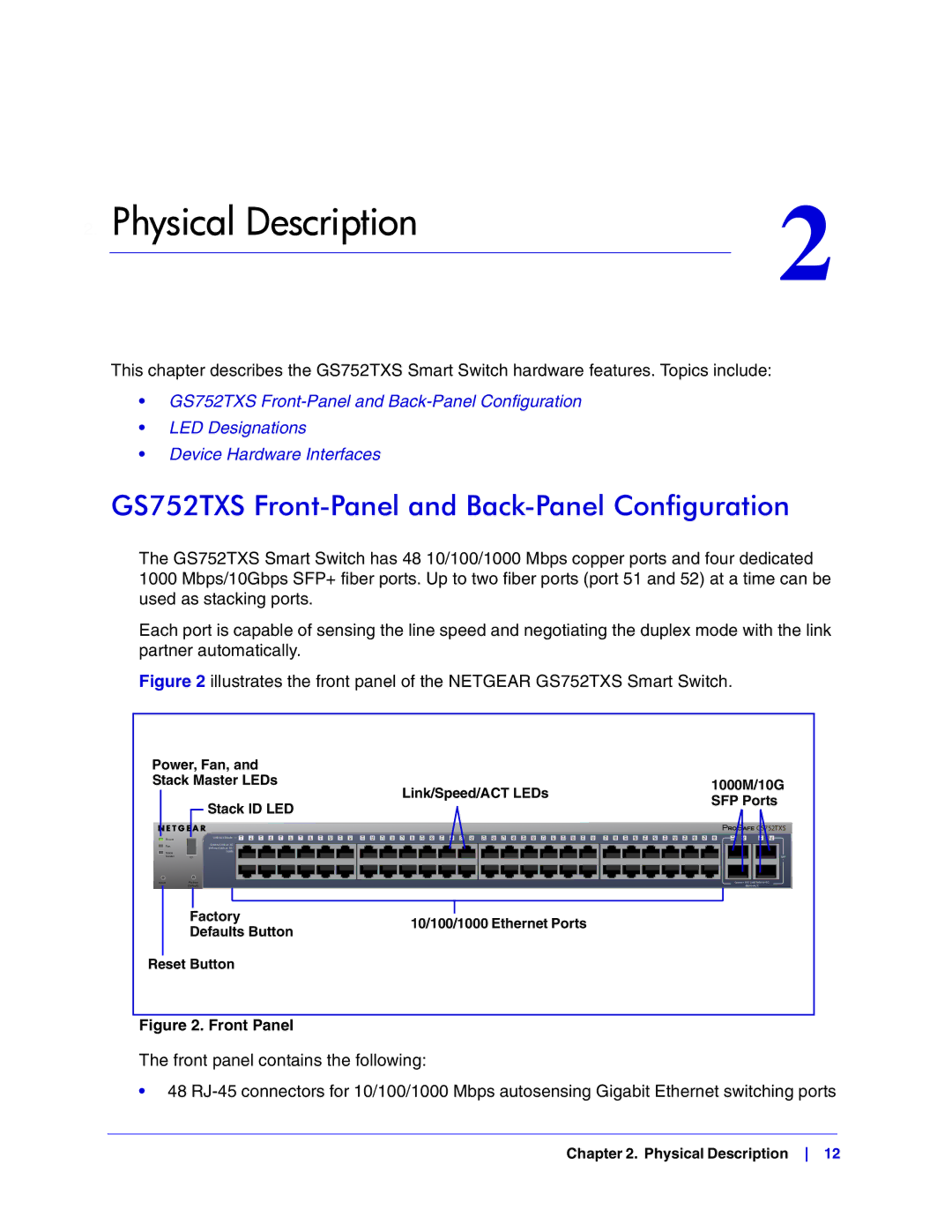 NETGEAR manual Physical Description, GS752TXS Front-Panel and Back-Panel Configuration 