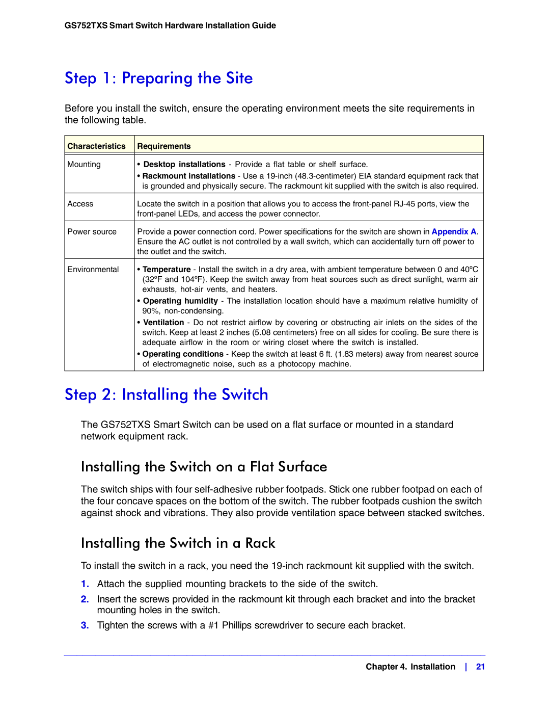 NETGEAR GS752TXS manual Preparing the Site, Installing the Switch on a Flat Surface, Installing the Switch in a Rack 