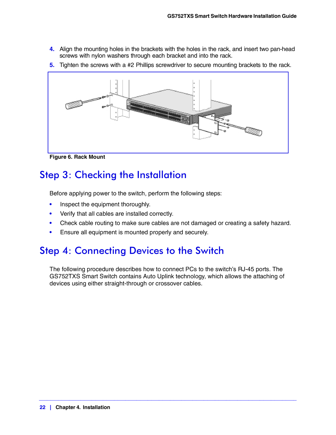 NETGEAR GS752TXS manual Checking the Installation, Connecting Devices to the Switch 