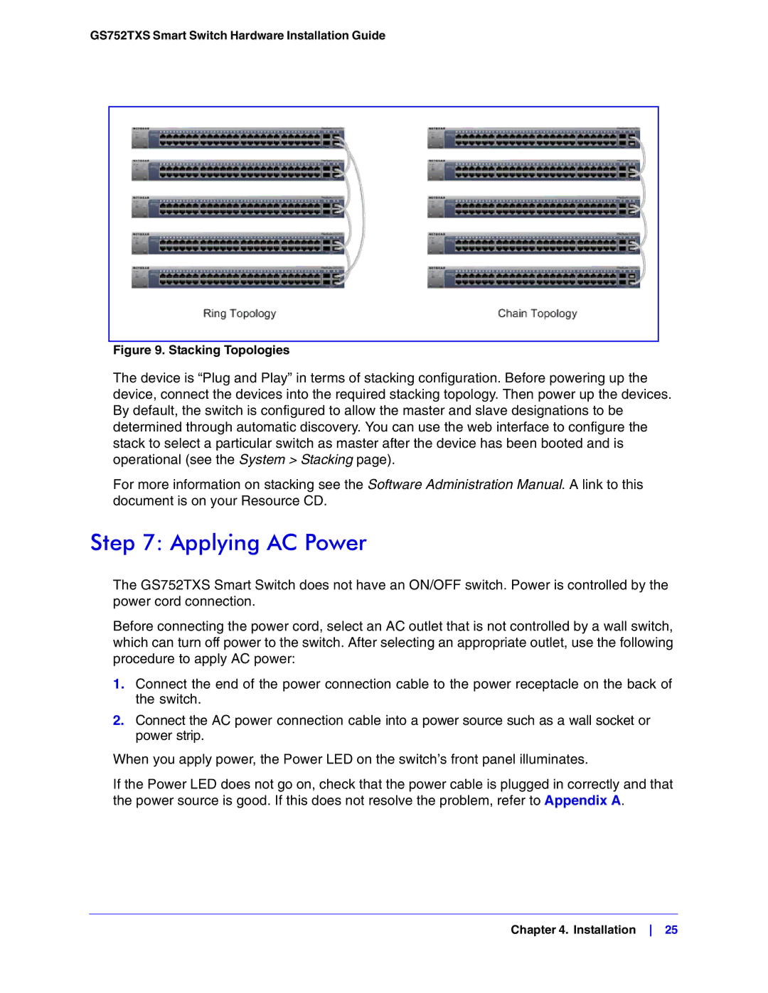 NETGEAR GS752TXS manual Applying AC Power, Stacking Topologies 