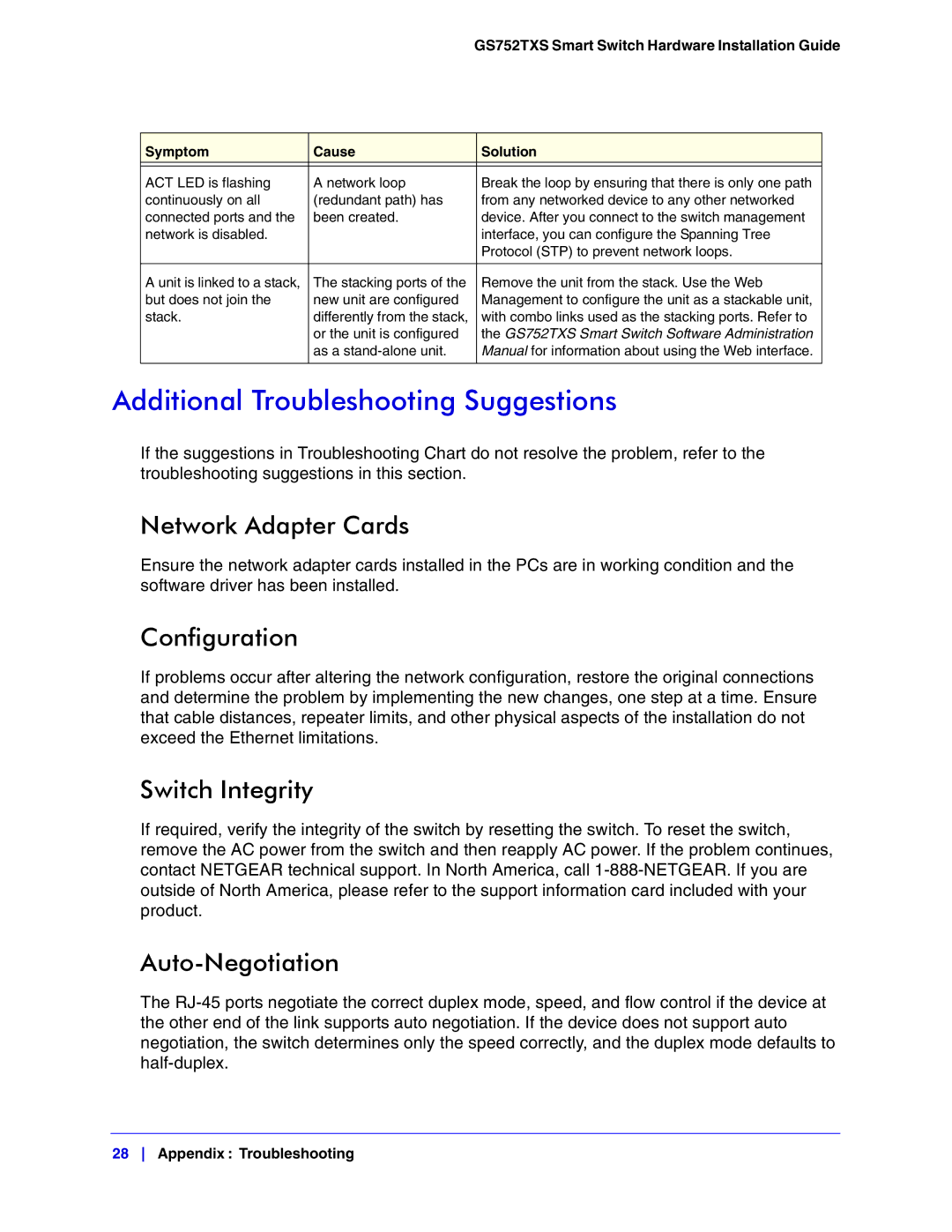 NETGEAR GS752TXS manual Additional Troubleshooting Suggestions, Network Adapter Cards, Configuration, Switch Integrity 