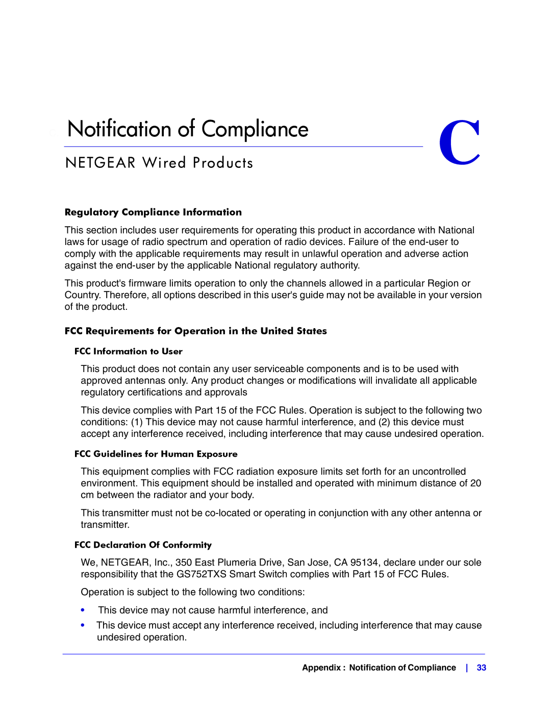 NETGEAR GS752TXS manual Notification of Compliance, Netgear Wired Products 