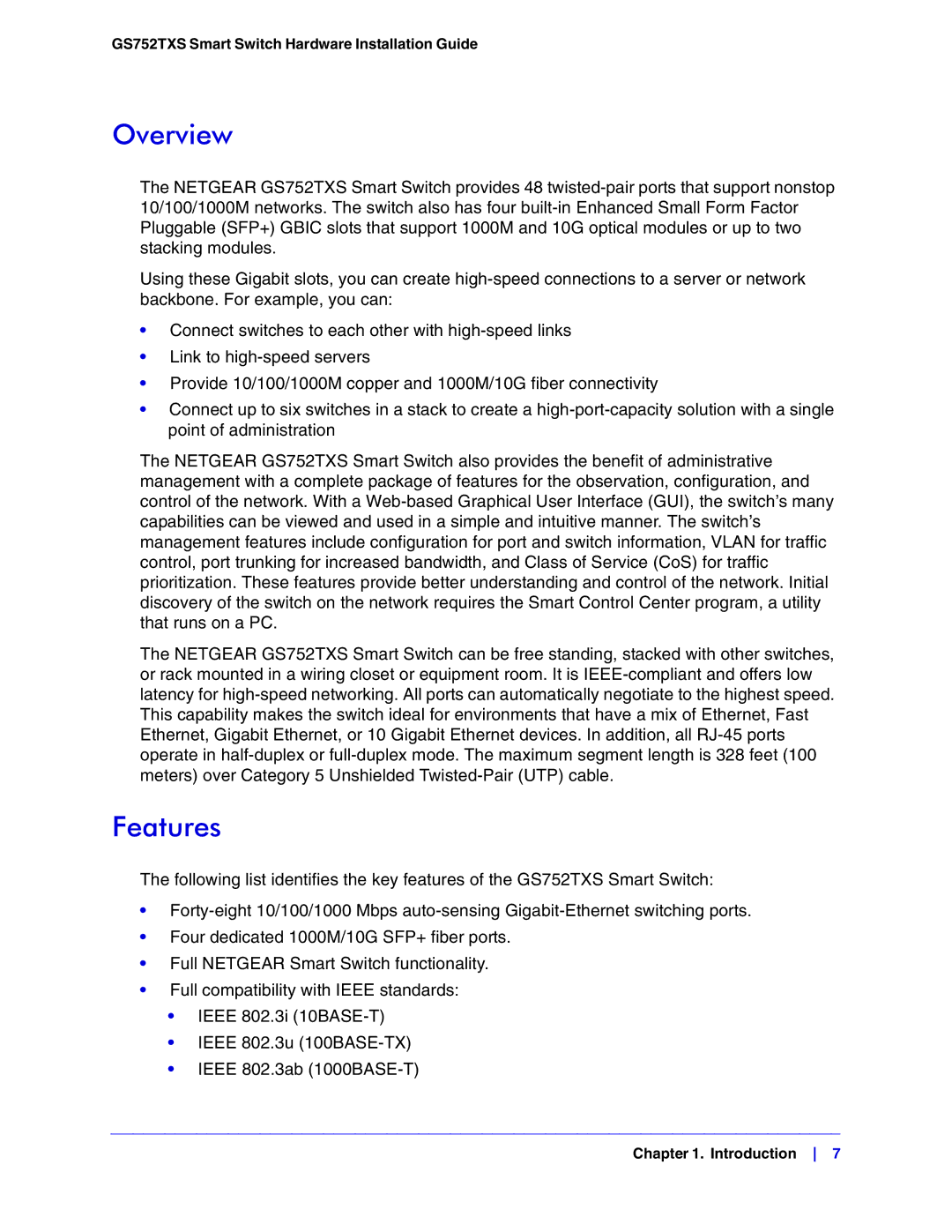 NETGEAR GS752TXS manual Overview, Features 