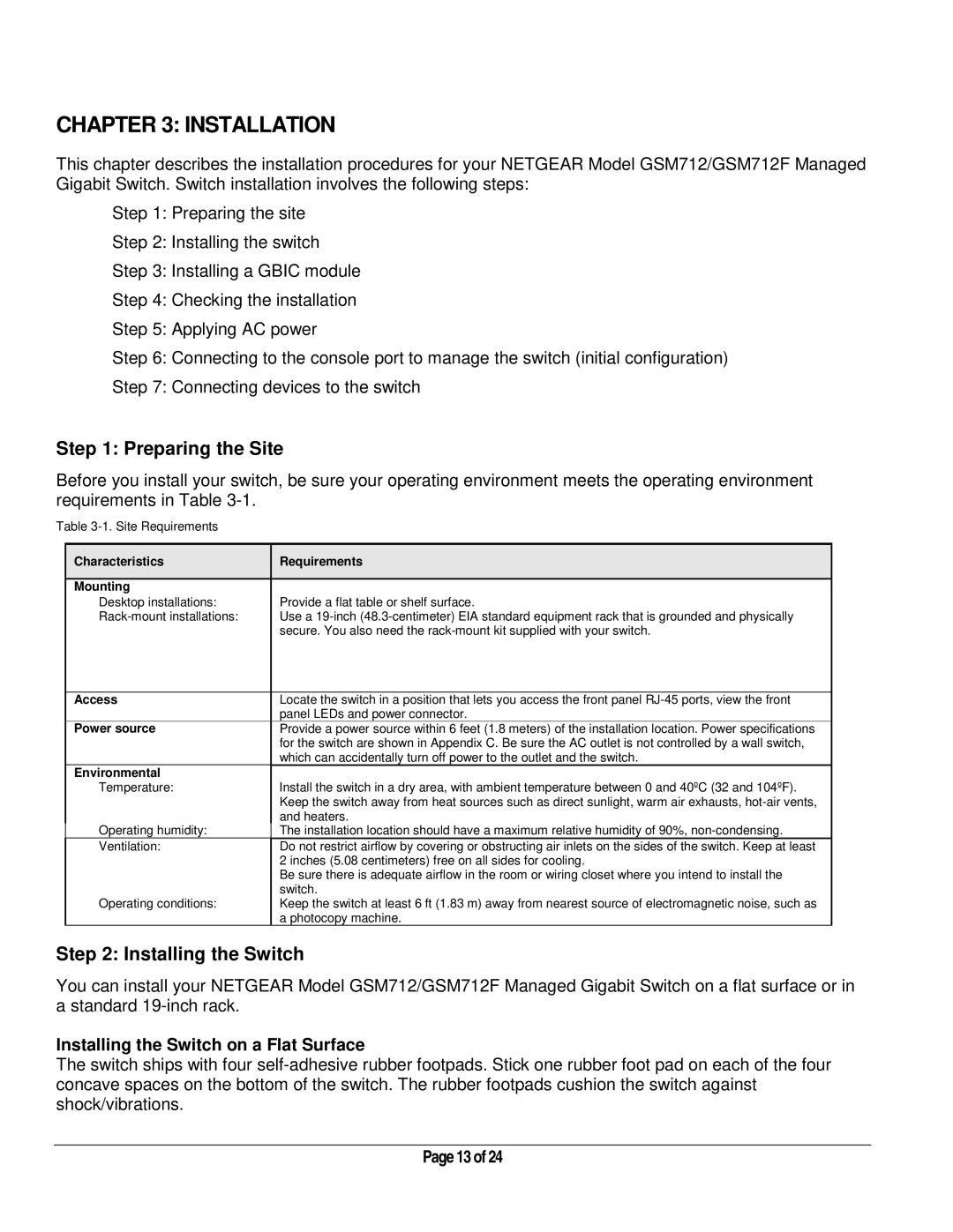 NETGEAR GSM712 manual Installation, Preparing the Site, Installing the Switch 