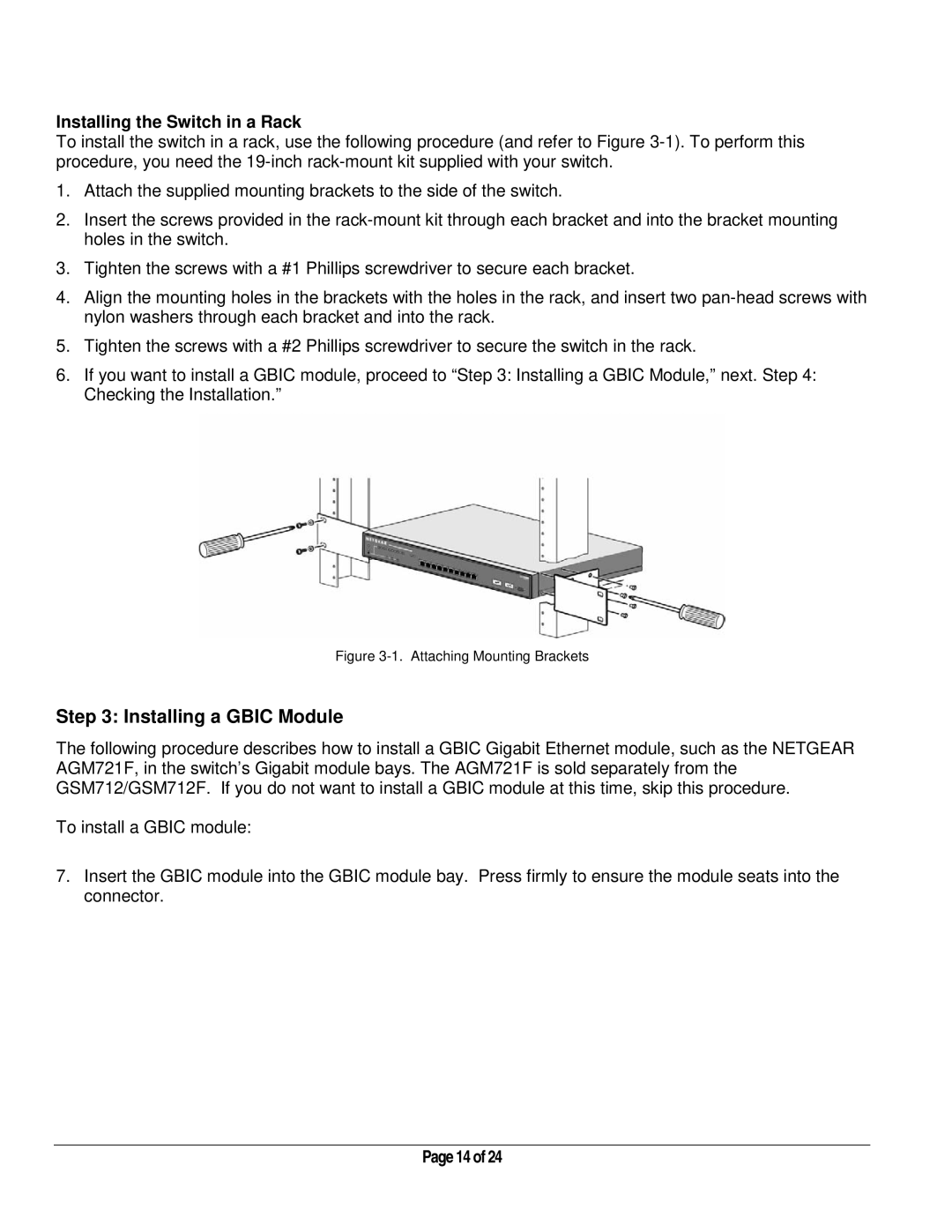 NETGEAR GSM712 manual Installing a Gbic Module, Installing the Switch in a Rack 