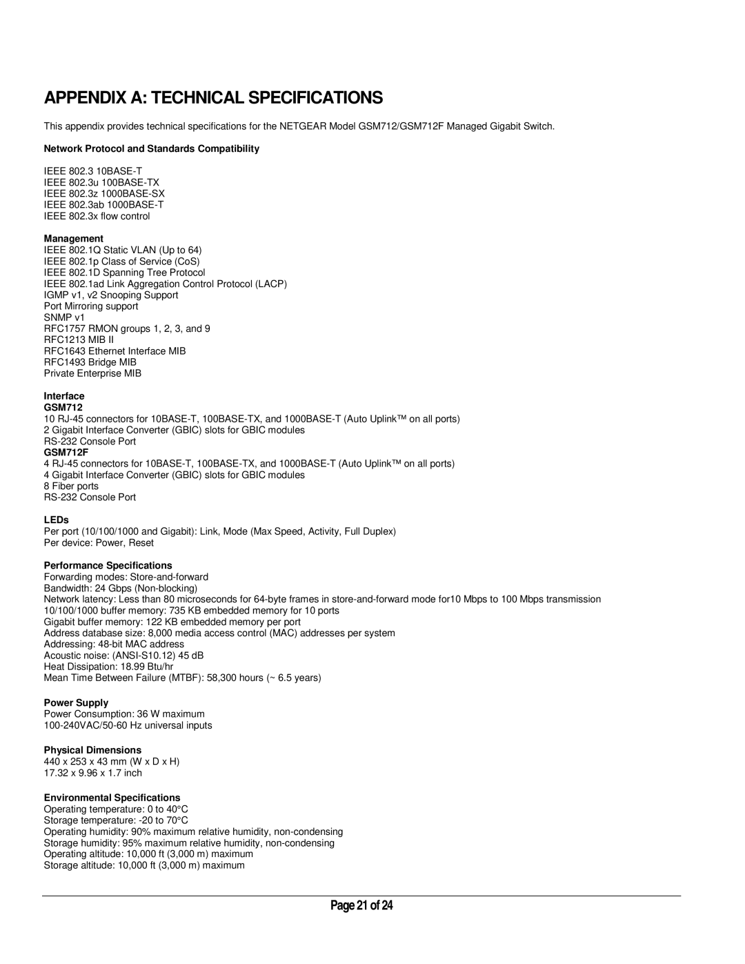 NETGEAR GSM712 manual Appendix a Technical Specifications 