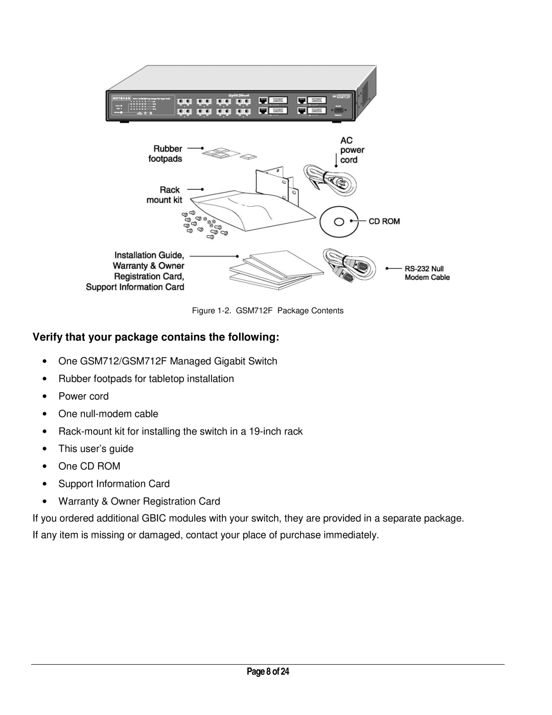 NETGEAR manual Verify that your package contains the following, GSM712F Package Contents 