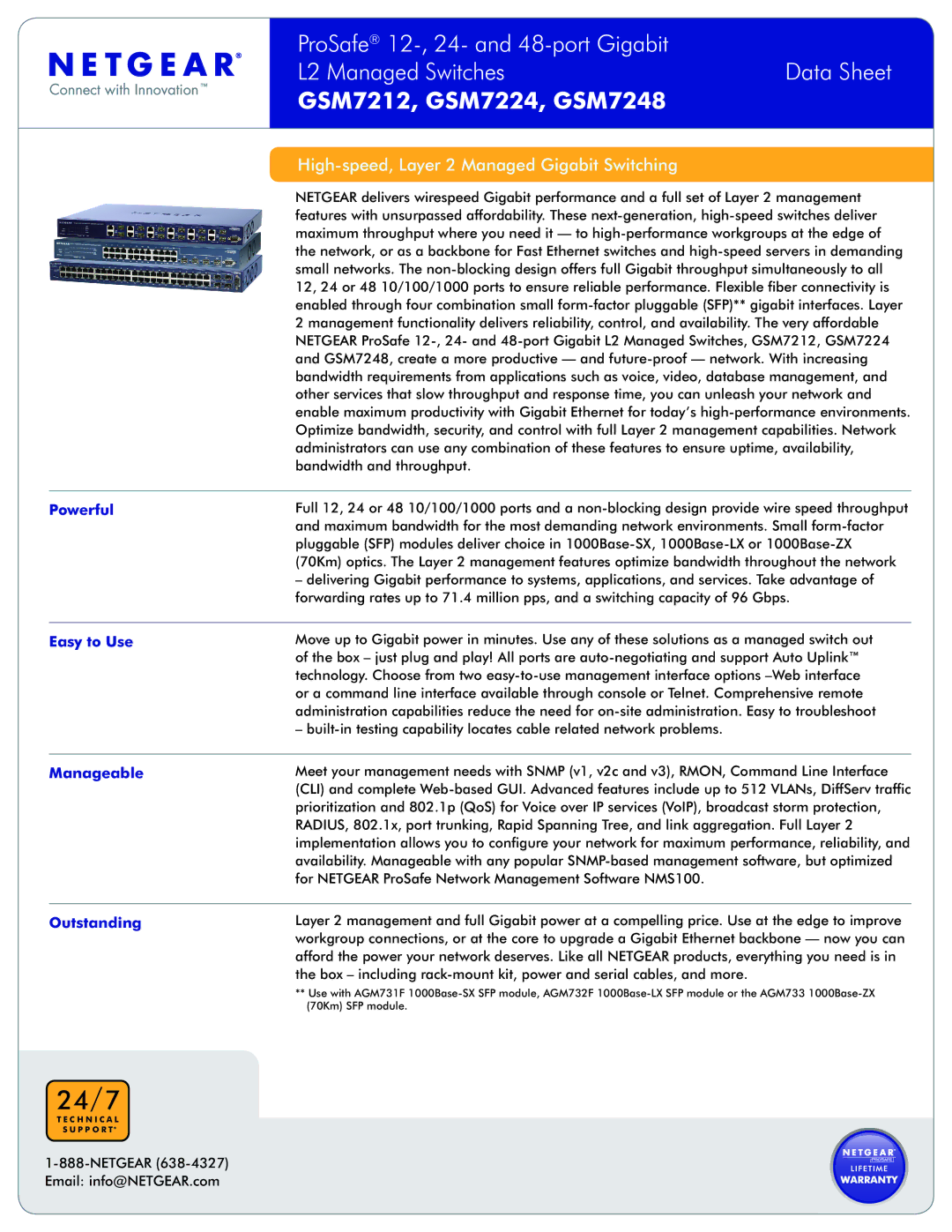 NETGEAR GSM7248, GSM7212 manual Powerful, Easy to Use, Manageable, Outstanding, Netgear 638-4327 Email info@NETGEAR.com 