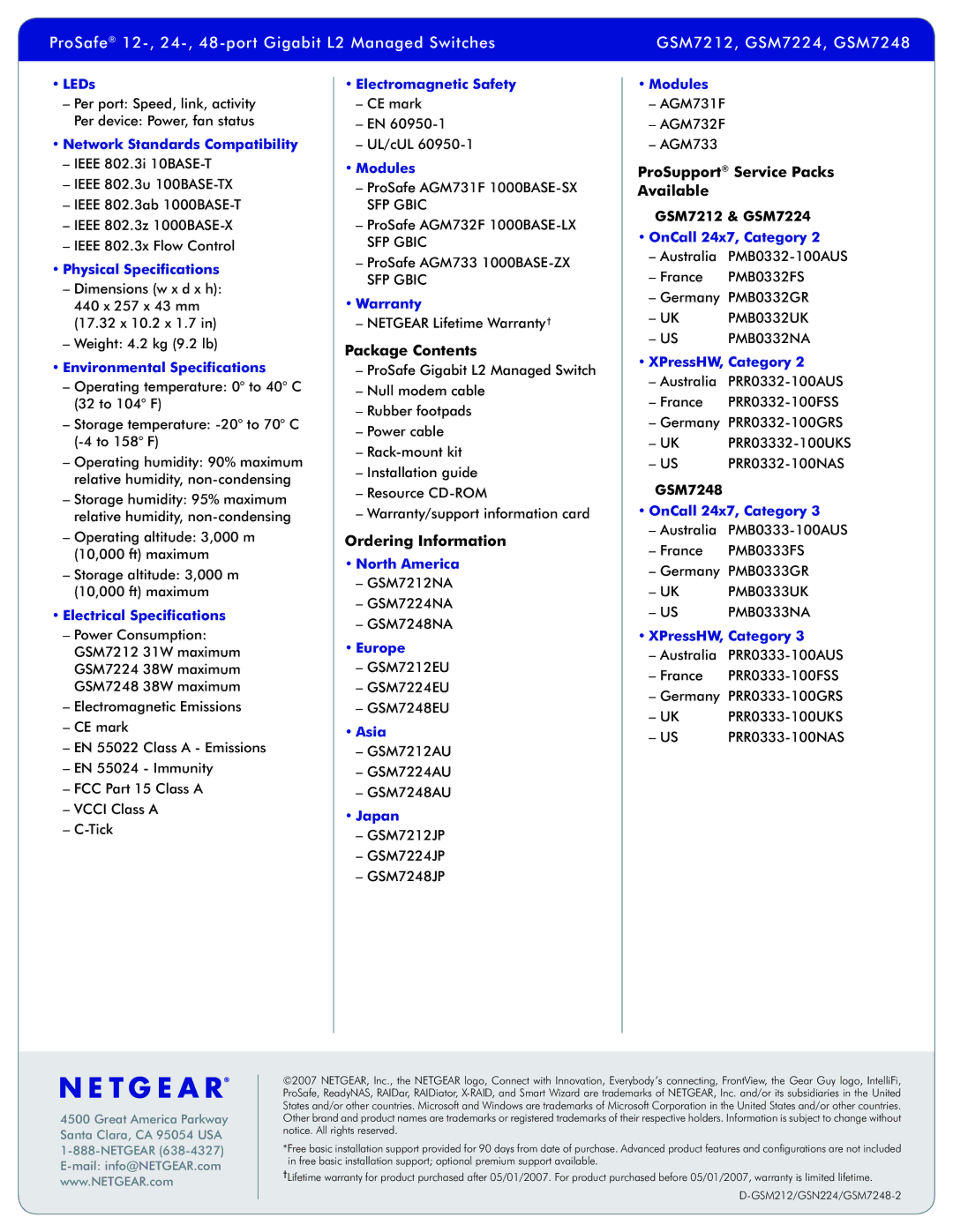 NETGEAR GSM7212, GSM7248, GSM7224 manual Package Contents, Ordering Information, ProSupport Service Packs Available 