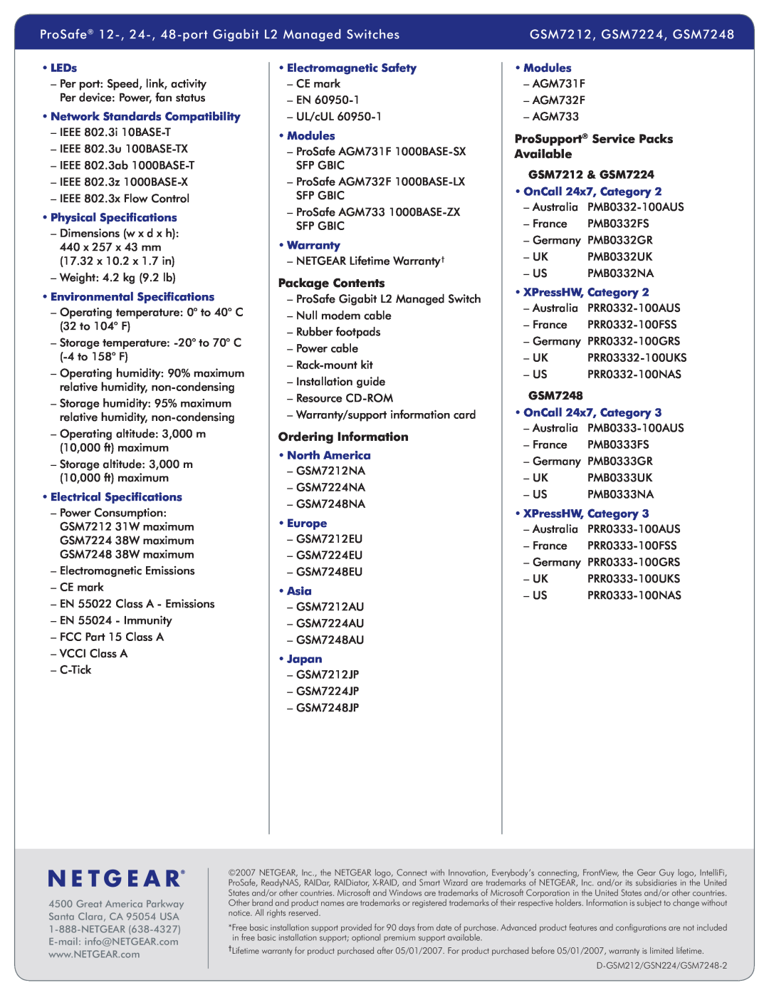 NETGEAR manual Package Contents, Ordering Information, ProSupport Service Packs Available, GSM7212 & GSM7224, GSM7248 