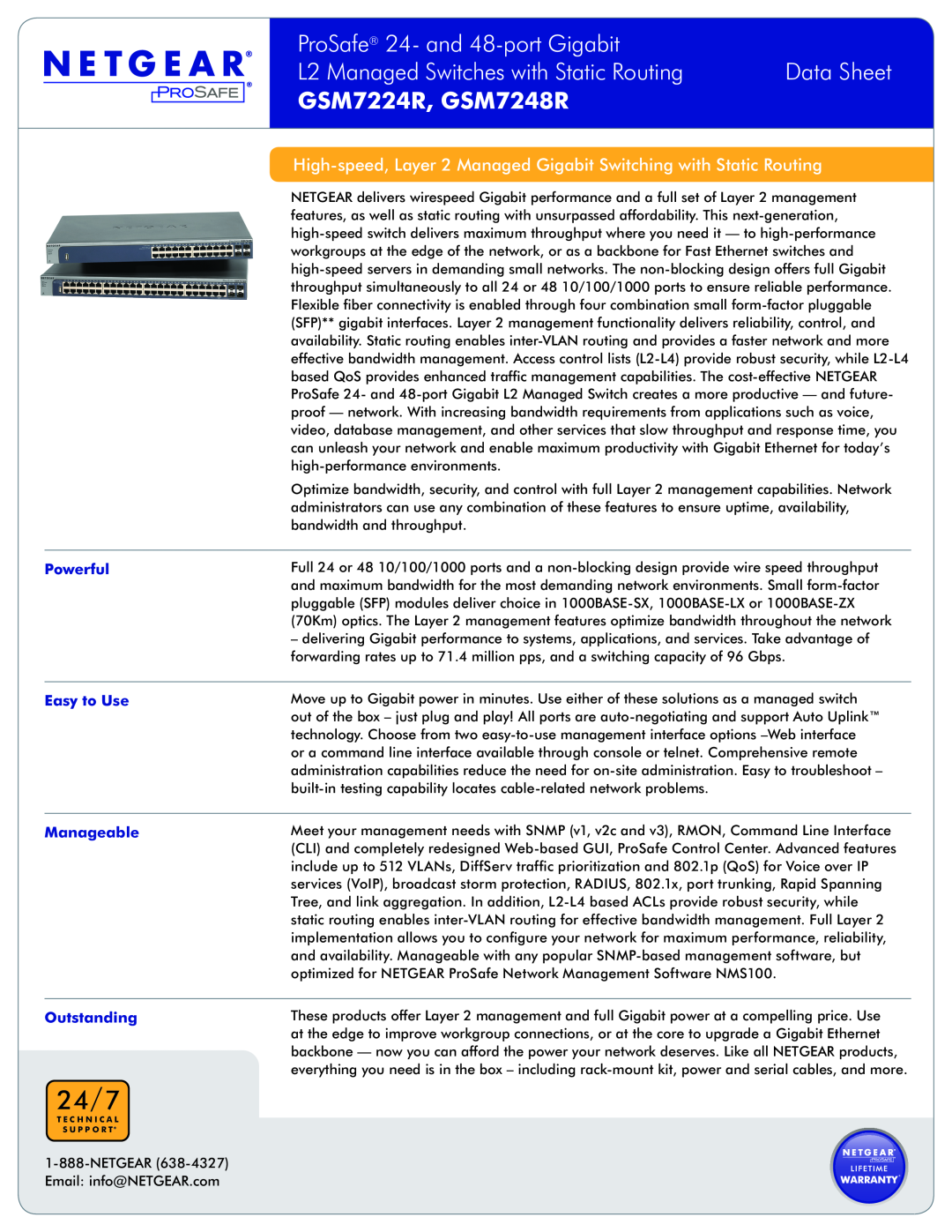 NETGEAR GSM7224R manual 24 /7, ProSafe 24- and 48-port Gigabit, L2 Managed Switches with Static Routing, Data Sheet 