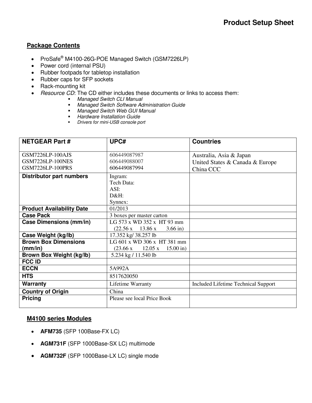 NETGEAR GSM7226LP-100NES warranty Package Contents, Netgear, Upc#, Countries, M4100 series Modules 