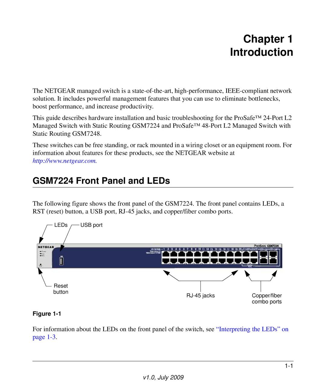 NETGEAR GSM7248 manual Chapter Introduction, GSM7224 Front Panel and LEDs 