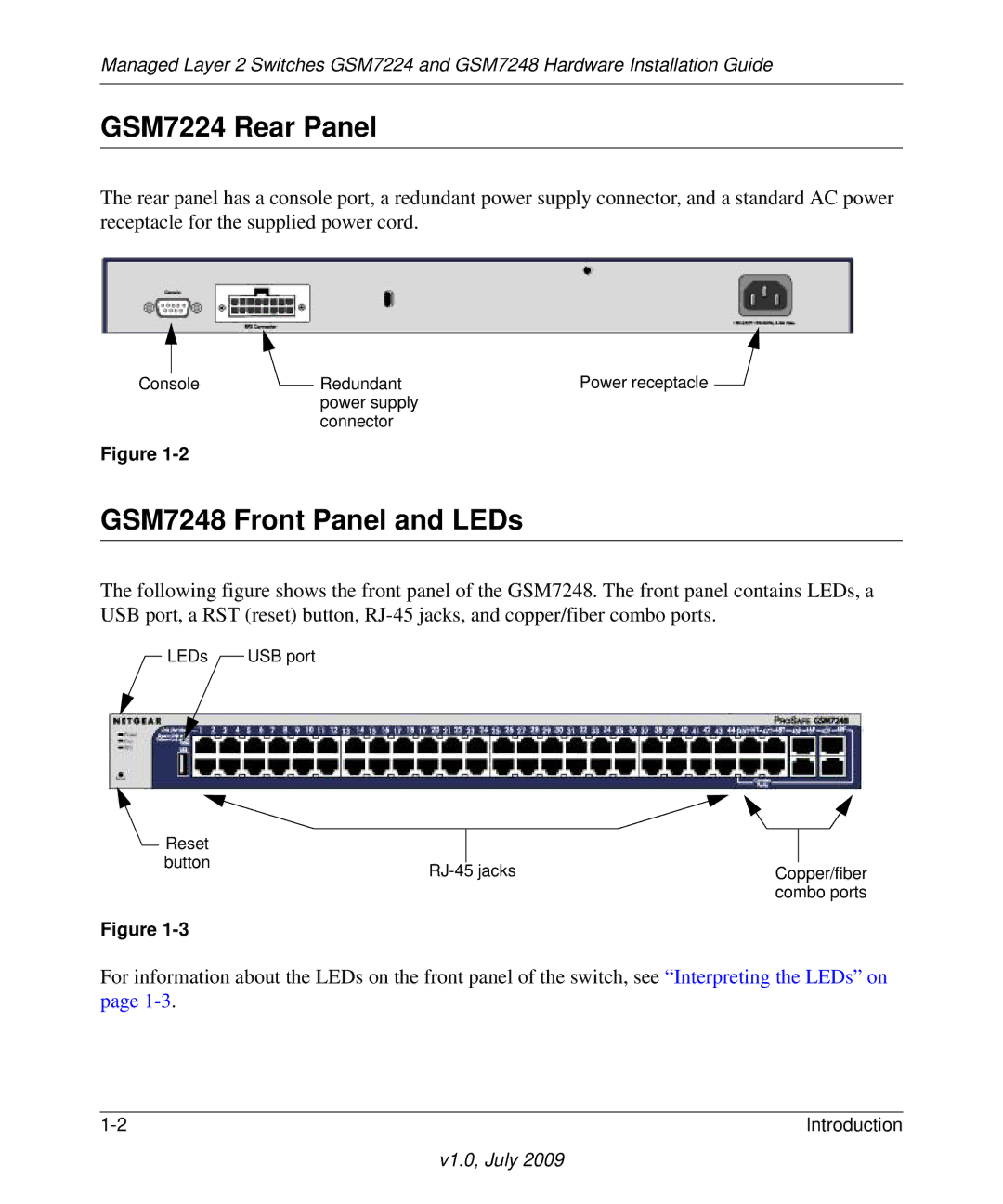 NETGEAR manual GSM7224 Rear Panel, GSM7248 Front Panel and LEDs 