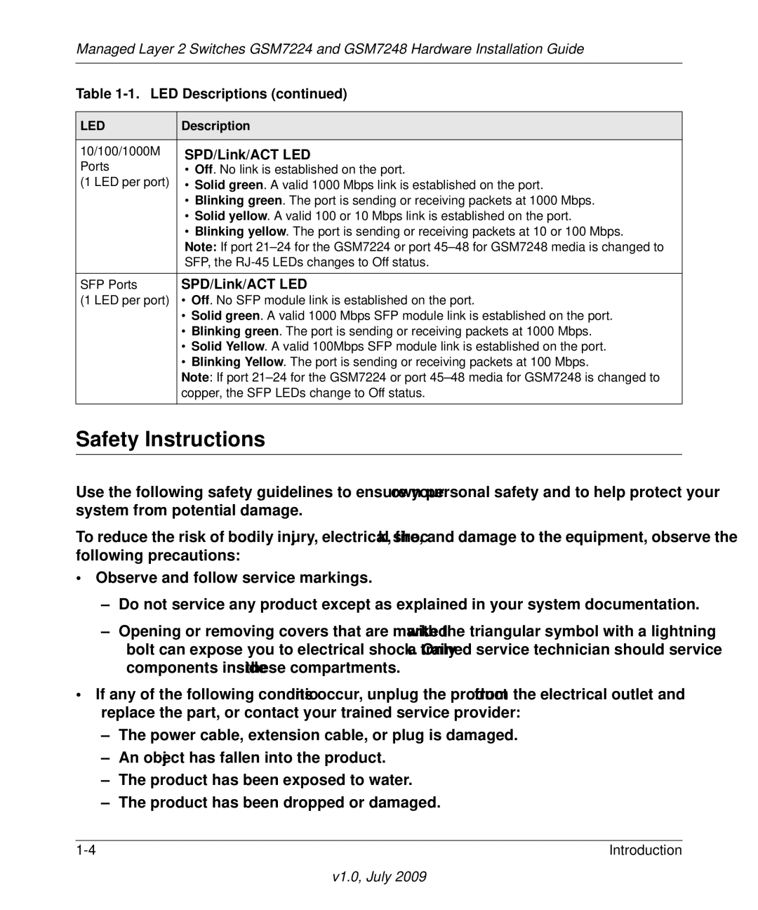 NETGEAR GSM7248, GSM7224 manual Safety Instructions, SPD/Link/ACT LED 