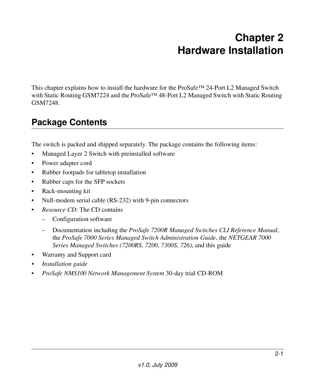 NETGEAR GSM7224, GSM7248 manual Chapter Hardware Installation, Package Contents 