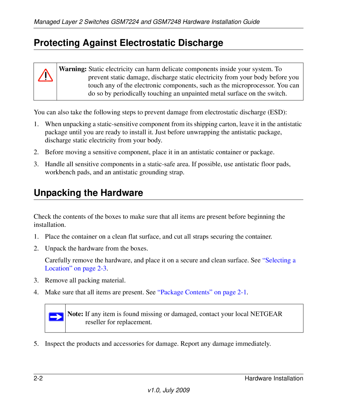 NETGEAR GSM7248, GSM7224 manual Protecting Against Electrostatic Discharge, Unpacking the Hardware 