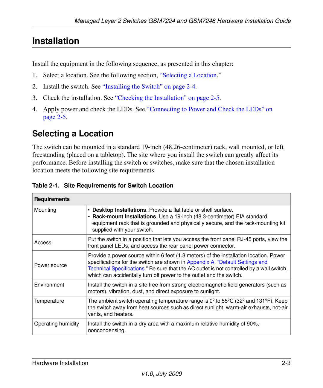 NETGEAR GSM7224, GSM7248 manual Installation, Site Requirements for Switch Location 