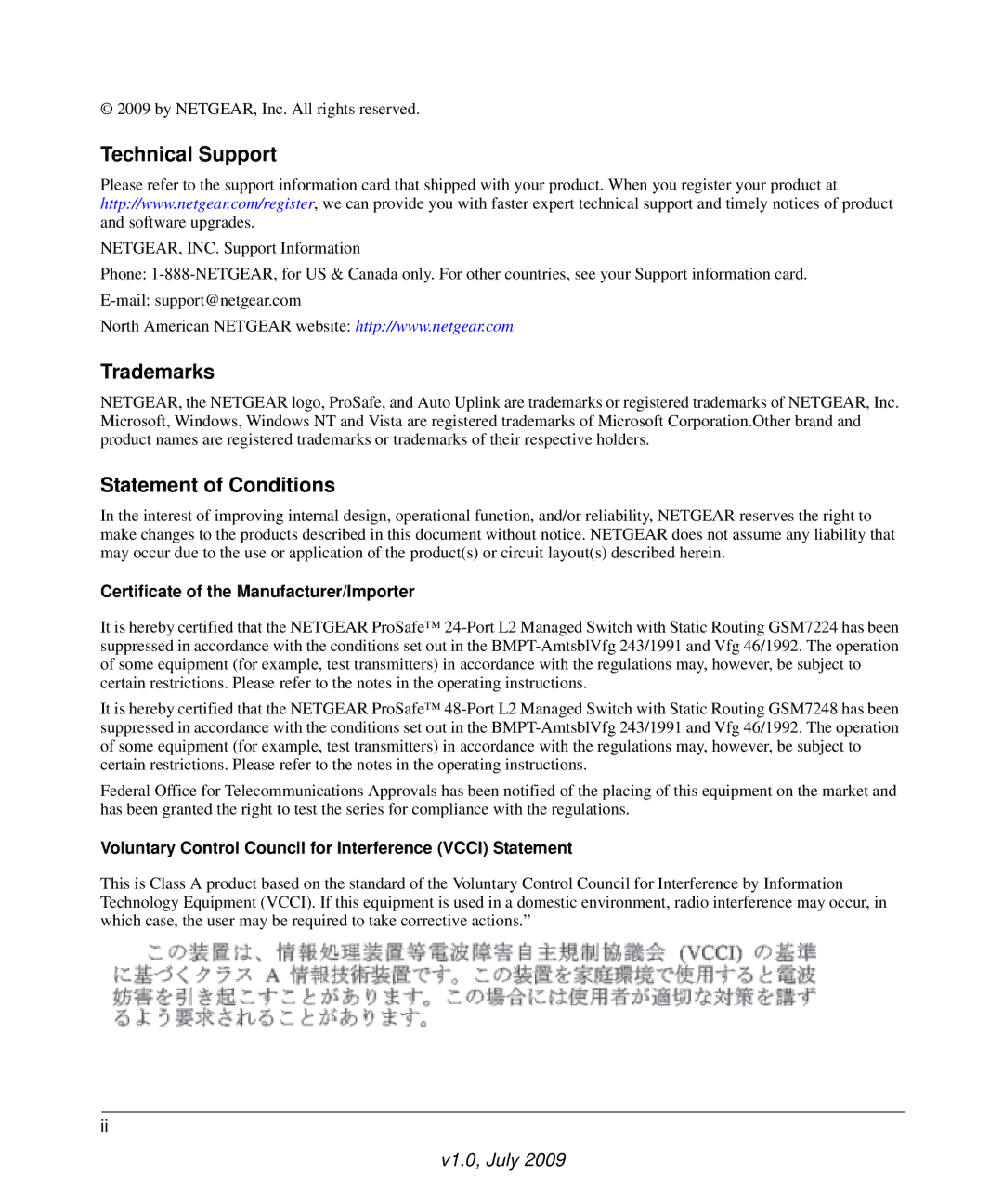 NETGEAR GSM7248 manual Certificate of the Manufacturer/Importer, Voluntary Control Council for Interference Vcci Statement 