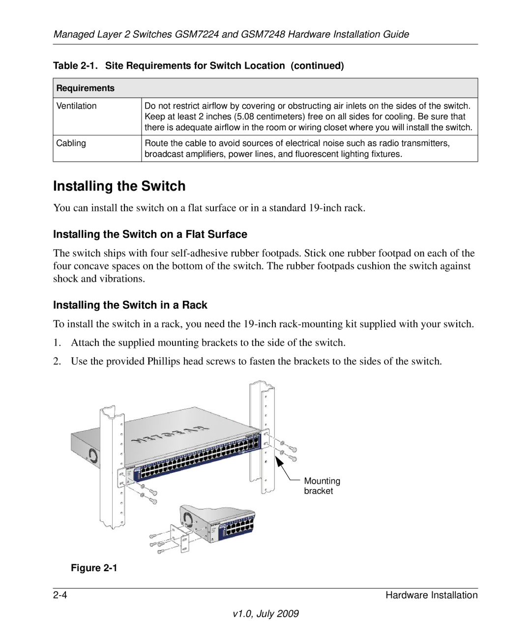 NETGEAR GSM7248, GSM7224 manual Installing the Switch 