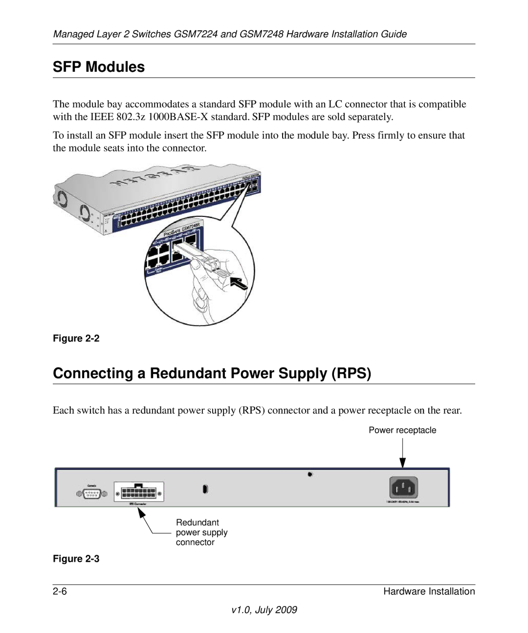 NETGEAR GSM7248, GSM7224 manual SFP Modules, Connecting a Redundant Power Supply RPS 