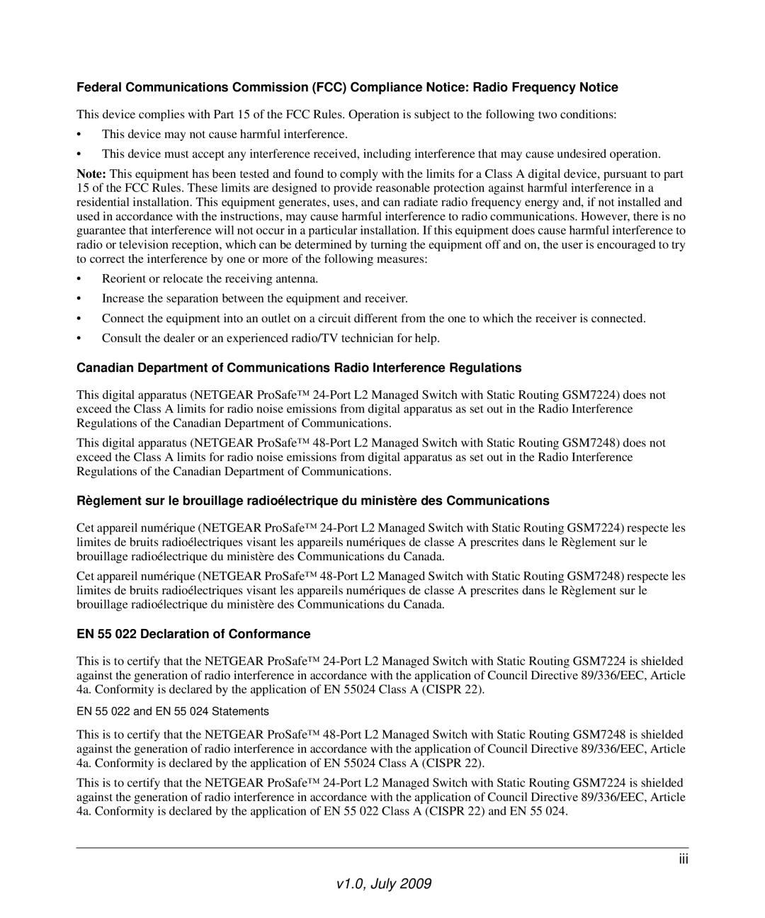 NETGEAR GSM7224, GSM7248 manual EN 55 022 Declaration of Conformance 