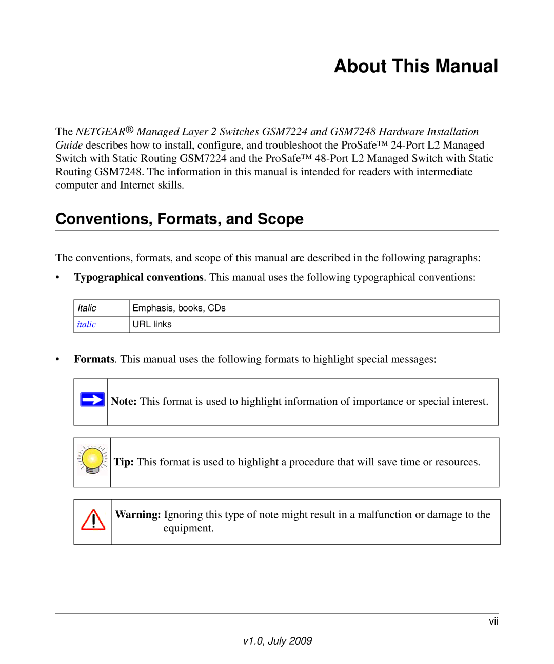 NETGEAR GSM7224, GSM7248 manual About This Manual, Conventions, Formats, and Scope 