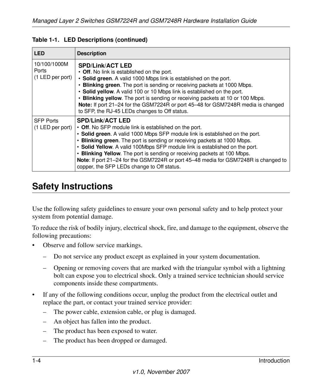 NETGEAR GSM7248R manual Safety Instructions, SPD/Link/ACT LED 