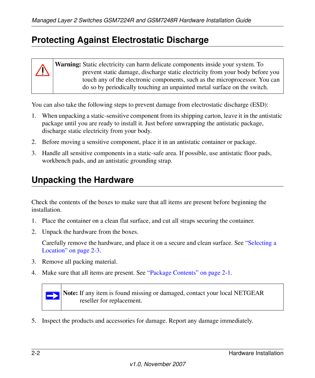 NETGEAR GSM7248R manual Protecting Against Electrostatic Discharge, Unpacking the Hardware 