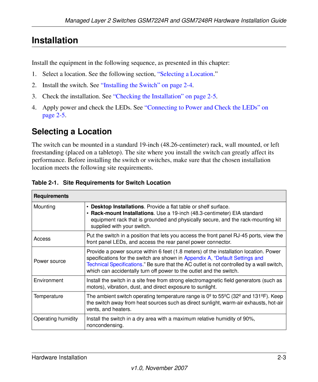 NETGEAR GSM7248R manual Installation, Site Requirements for Switch Location 