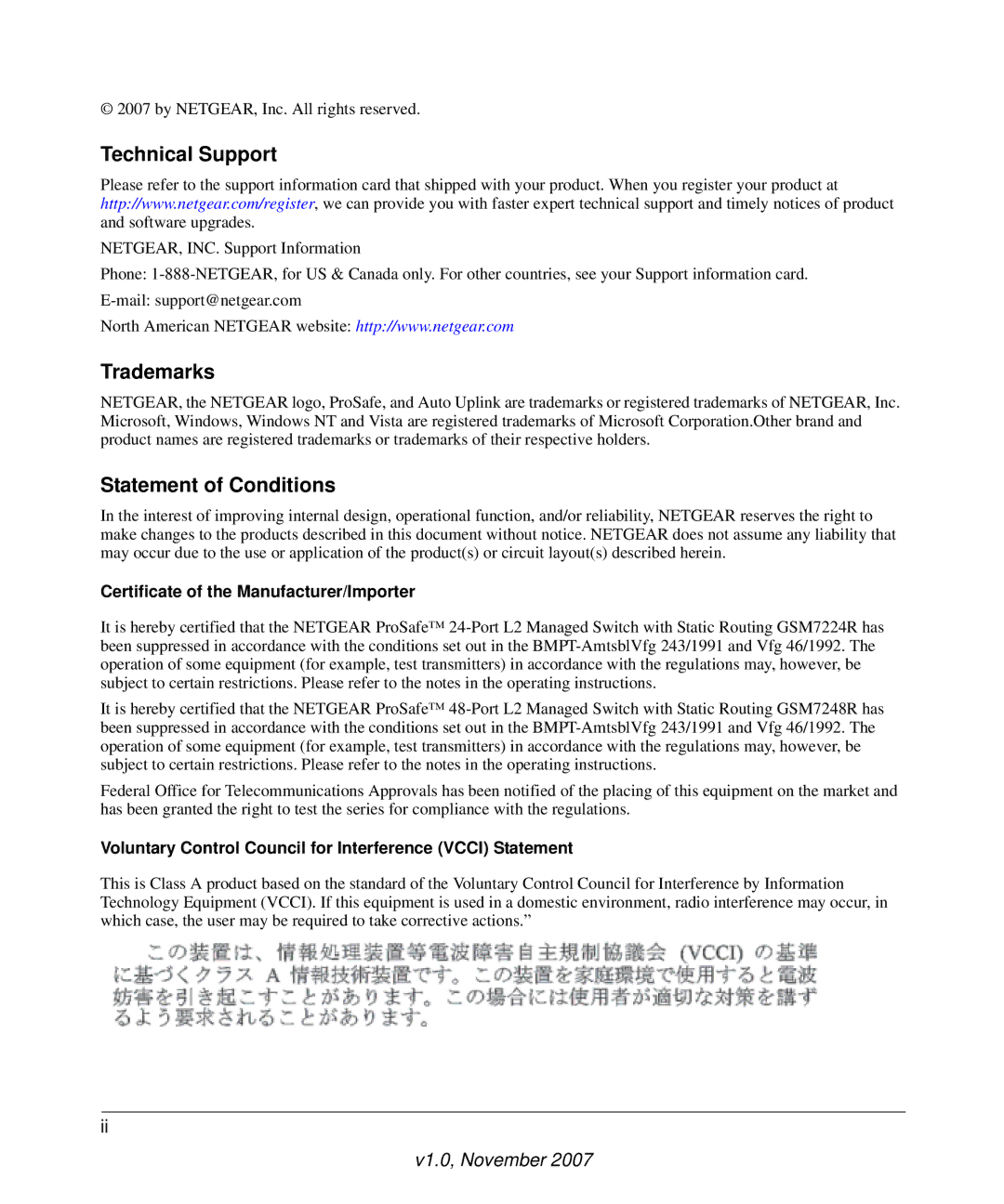 NETGEAR GSM7248R manual Certificate of the Manufacturer/Importer, Voluntary Control Council for Interference Vcci Statement 