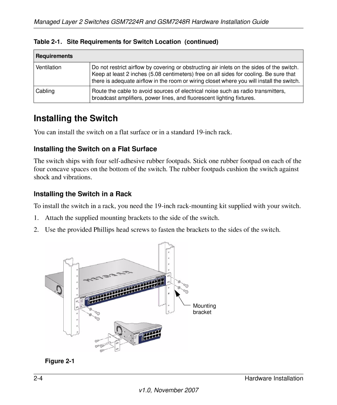 NETGEAR GSM7248R manual Installing the Switch 