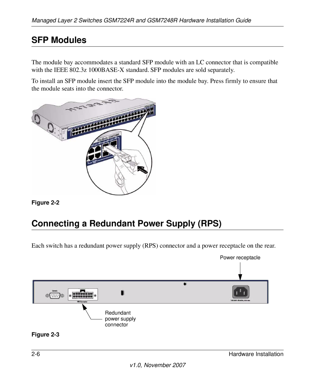 NETGEAR GSM7248R manual SFP Modules, Connecting a Redundant Power Supply RPS 