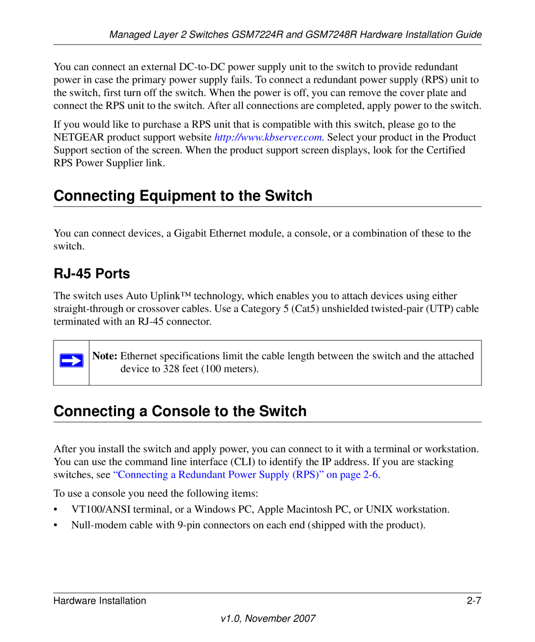 NETGEAR GSM7248R manual Connecting Equipment to the Switch, Connecting a Console to the Switch 