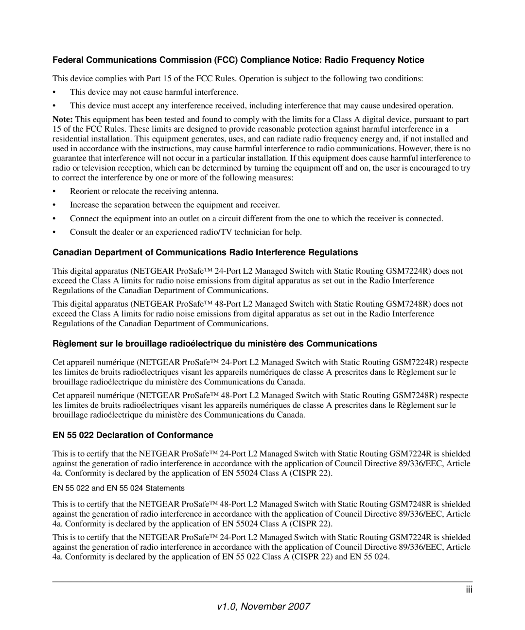 NETGEAR GSM7248R manual EN 55 022 Declaration of Conformance 