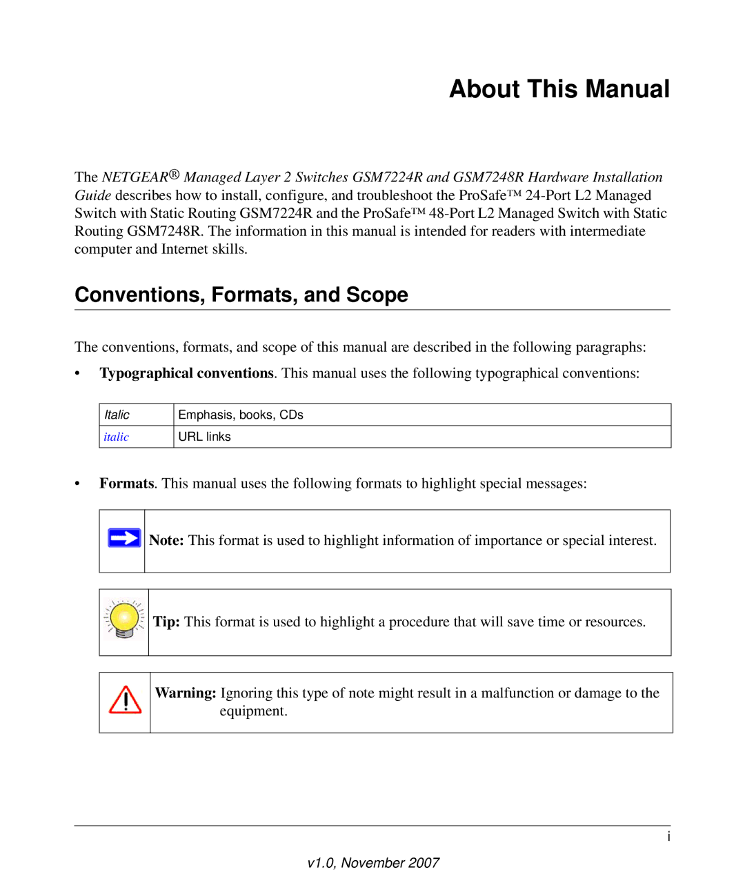 NETGEAR GSM7248R manual About This Manual, Conventions, Formats, and Scope 