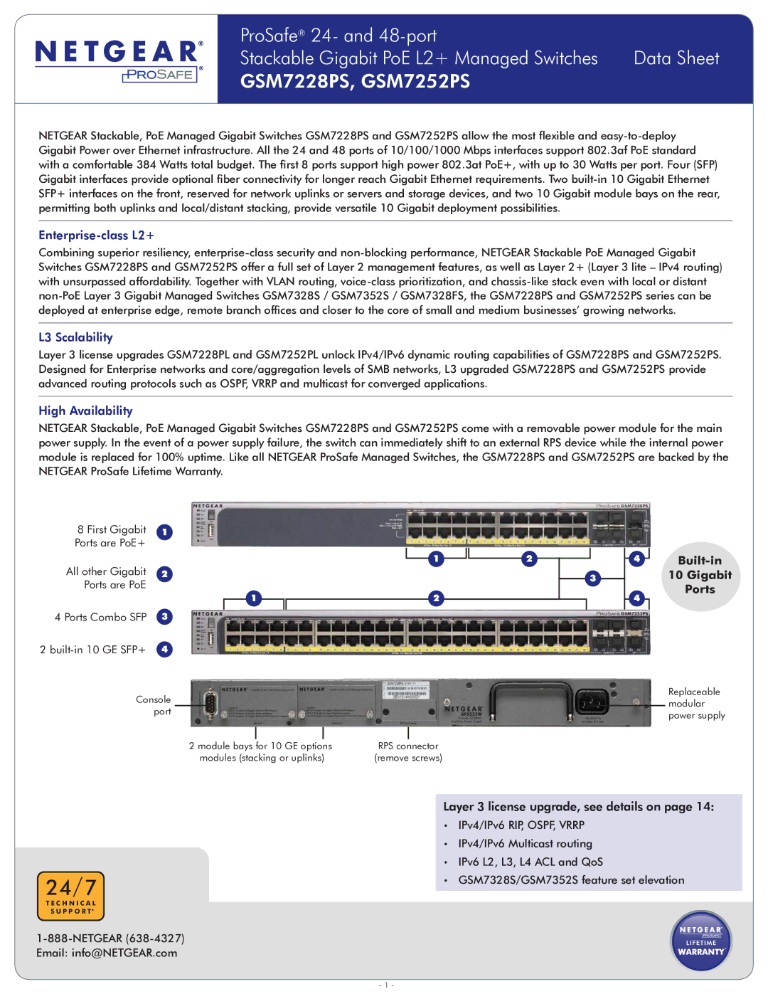 NETGEAR GSM7252PS-100NAS warranty Enterprise-class L2+, L3 Scalability, High Availability 