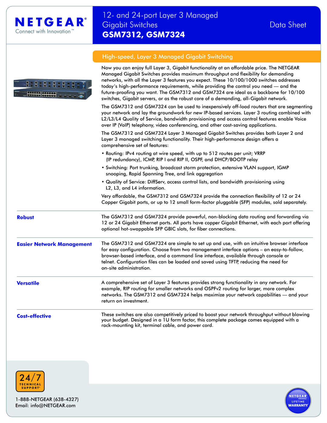 NETGEAR GSM7312NA manual Robust, Easier Network Management, Versatile, Cost-effective, Netgear Email info@NETGEAR.com 