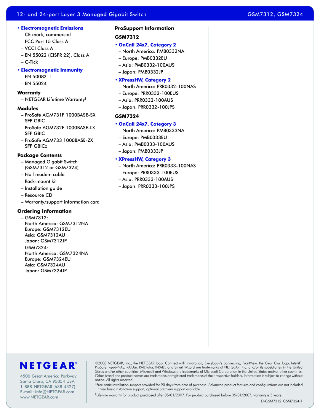 NETGEAR GSM7312NA manual Warranty, Modules, Package Contents, Ordering Information, ProSupport Information GSM7312, GSM7324 