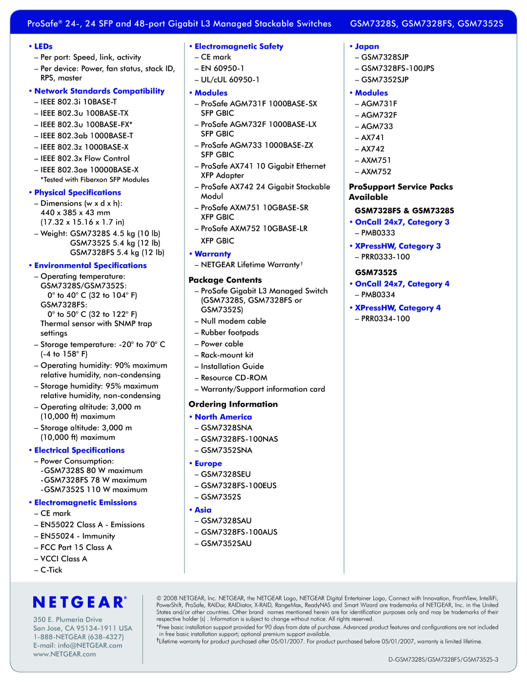 NETGEAR GSM7352S, GSM7328S manual Package Contents, Ordering Information, ProSupport Service Packs Available 