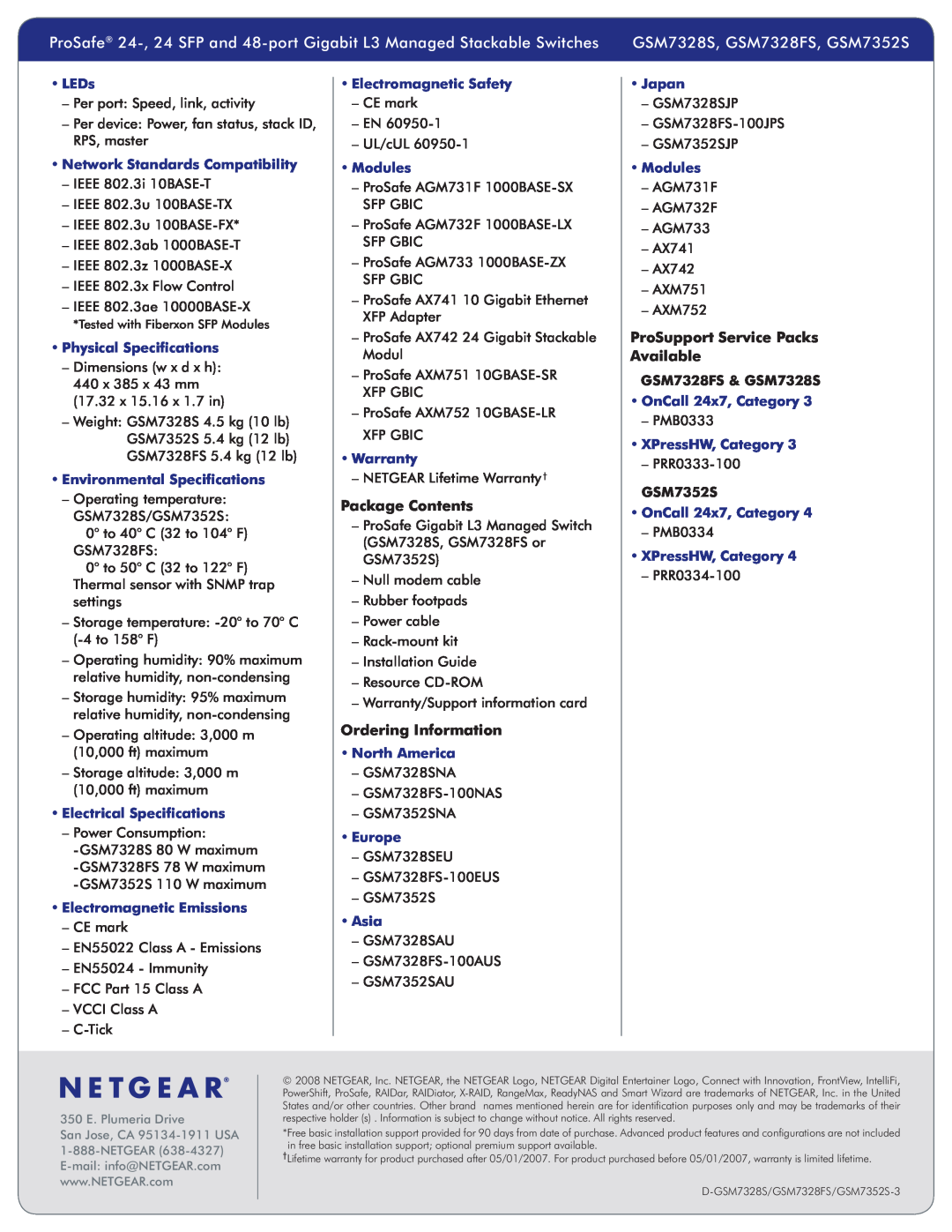 NETGEAR manual Package Contents, Ordering Information, ProSupport Service Packs Available, GSM7328S, GSM7328FS, GSM7352S 